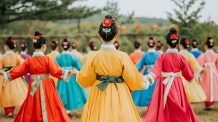 Traditional Korean Dance Performers in Colorful Hanboks Gathering in Nature, Showcasing Cultural Heritage and Vibrancy of Korean Festivals and Celebrations