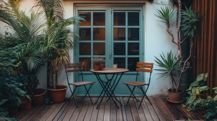 Fototapeta premium Wooden table and chairs on patio, surrounded by lush potted plants near teal doors. Perfect for articles about home decor, relaxation, or outdoor living spaces.