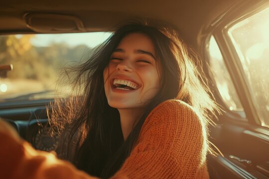Joyful woman driving long dark hair orange sweater inside car interior bright sunlight