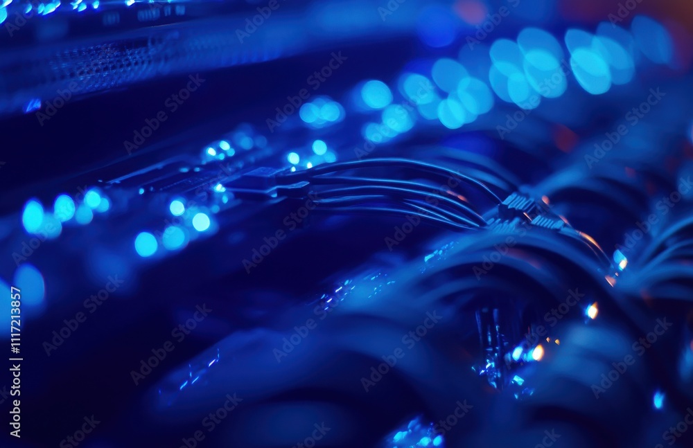 Poster close-up of illuminated blue data cables and network switches in a server room, representing modern 