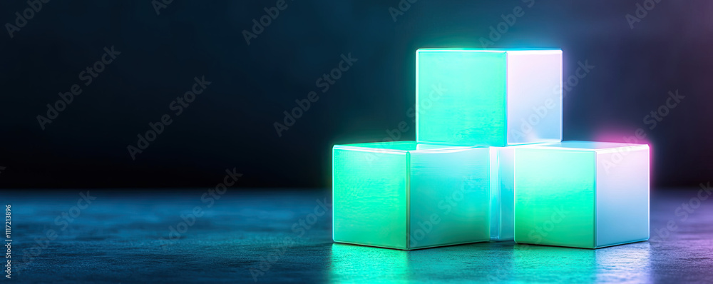 Poster colorful illuminated cubes arranged on a dark textured surface, creating a modern aesthetic.