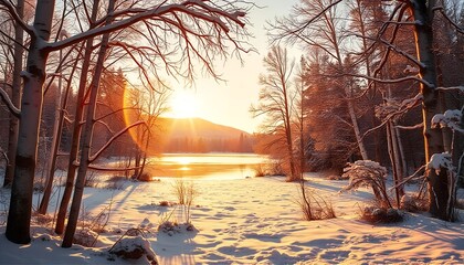 A serene frozen lake surrounded by snow-dusted trees and soft golden sunlight 