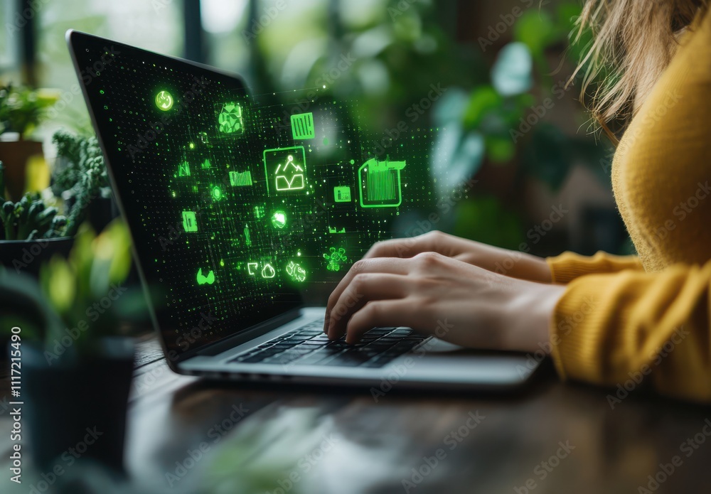Aufkleber concept of digital innovation and technology with green icons appearing while a person types on a la