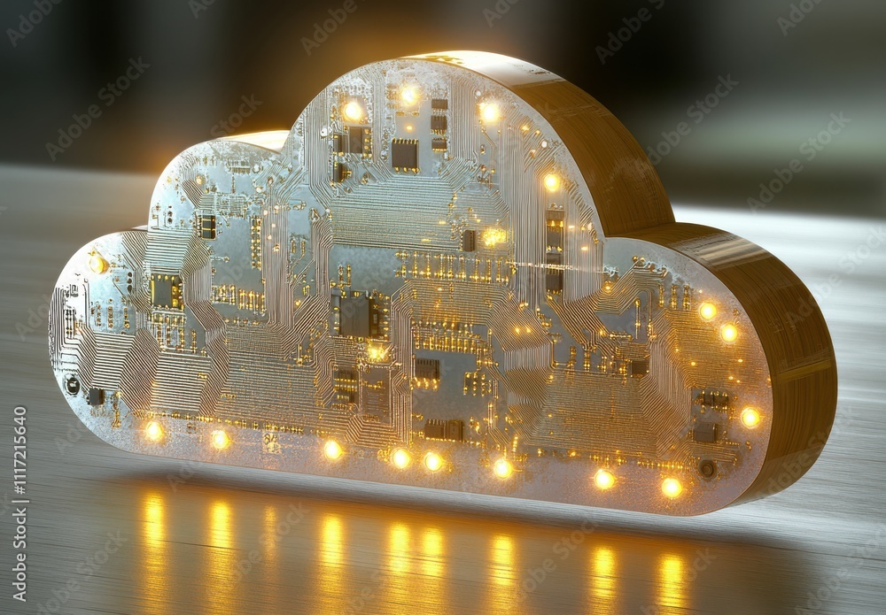 Poster conceptual representation of cloud computing with a glowing circuit board design, highlighting techn