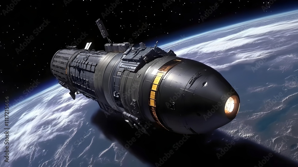 Poster a futuristic spacecraft in orbit, showcasing advanced design and technology for space exploration.