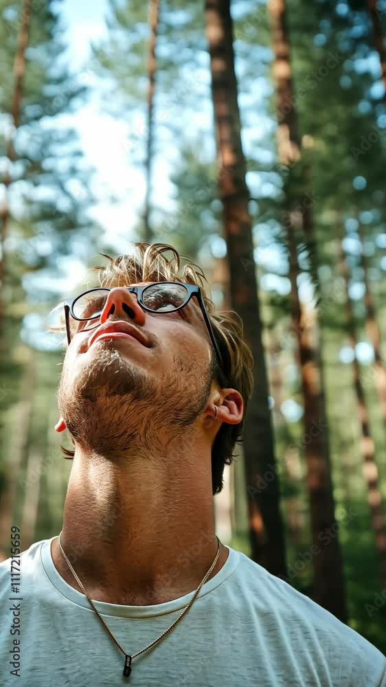 Poster man looking up at trees in a dense forest during daylight hours