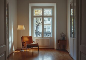 Cozy and Inviting Living Room with Modern Armchair and Large Window Showcasing Autumn View in Bright and Minimalist Interior Design