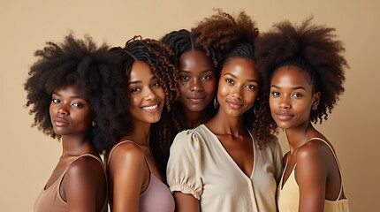 Fototapeta premium Women Posing On Beige Background. Tender Multicultural Girls Standing Together And Looking At Camera
