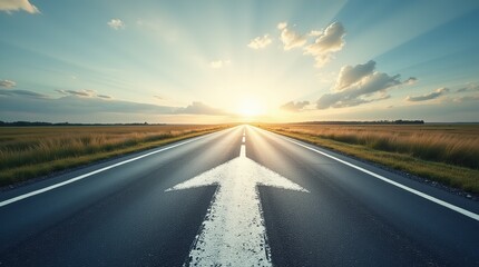 Naklejka premium An asphalt road stretches into the distance with a painted white arrow pointing forward, symbolizing motivation, progress, and the concept of continuous growth and forward movement