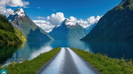 Obraz premium Curved road along a scenic fjord with mountains rising from the waters edge, Fjord road, Breathtaking, scenic, adventurous