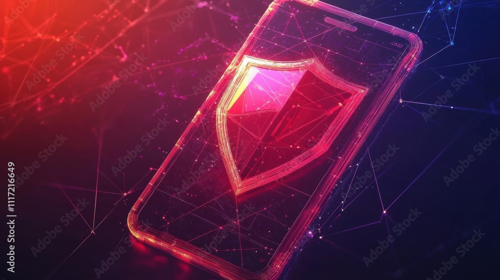 Poster mobile security action with shield icon digital space graphic design technology environment abstract