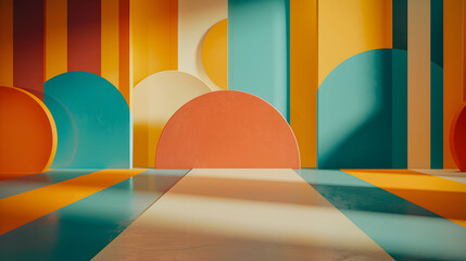 A colorful room with a large orange circle in the middle. The room is full of different colored circles and squares