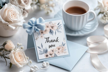 An open "Thank you" card with delicate floral illustrations, resting on a table next to an envelope and ribbon, surrounded by pastel-colored stationery items, soft daylight creating a calm 