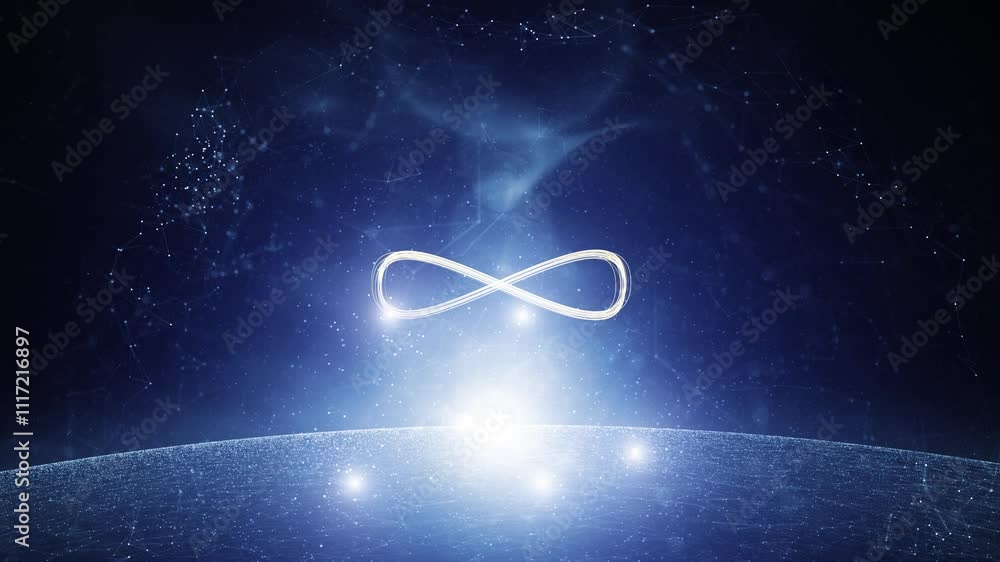 Poster infinty symbol looping on a glow digital cyberspace lines dots animation.