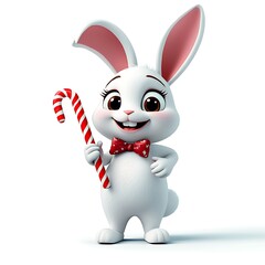 Obraz premium Cute Cartoon Bunny with Candy Cane for Christmas