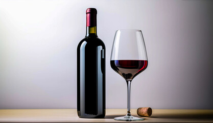 Minimalistic wine composition with a bottle, glass, and cork on a white background