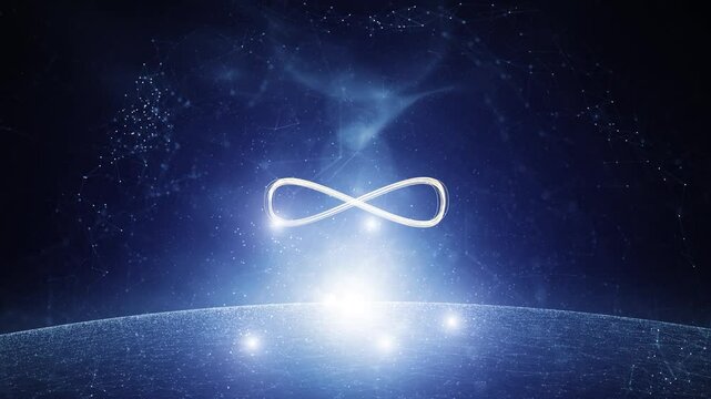 Infinty symbol looping on a glow digital cyberspace lines dots animation.
