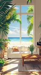 Fototapeta premium Tranquil Beach View From Cozy Living Room