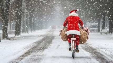 Santa Claus on a bicycle delivering gifts during a snowy winter day.