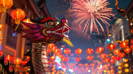 Fototapeta premium Vibrant Dragon Statue Against a Festive Night Sky Filled with Fireworks and Lanterns During a Celebration of Culture and Traditions in an Urban Setting