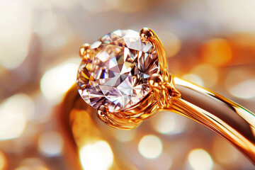 Yellow gold ring with diamond on white background. Jewelry. Engagement ring.