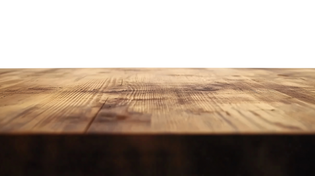 a front view of a dark brown, empty wooden table with white and  transparent background, serving as a blank wood table mockup.