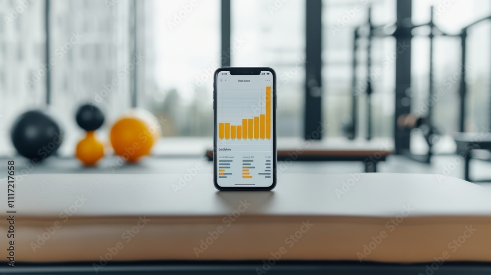 Aufkleber smartphone displaying fitness progress chart in modern gym setting with exercise equipment and brigh