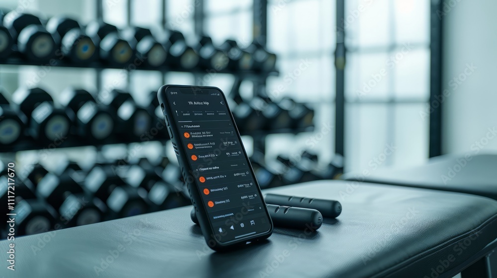 Aufkleber fitness tracker app displayed on smartphone with dumbbells in background highlighting workout routin