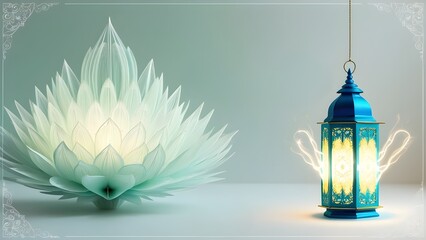 traditional qandeel (lantern) minimalist Milad theme with a serene, empty space in soft, light hues