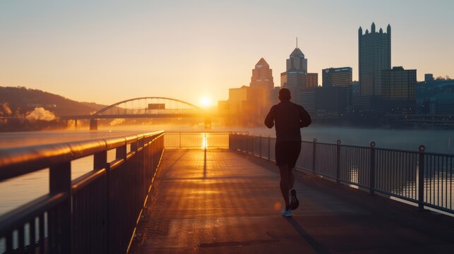 Early Morning Runner on Scenic Waterfront Pathway with City Skyline at Sunrise in Pittsburgh, Pennsylvania, Creating an Atmosphere of Health and Fitness