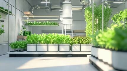 Indoor greenhouse with various plants in containers, showcasing hydroponic gardening.