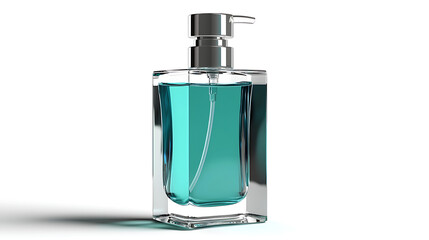 A bottle of perfume is sitting on a white background