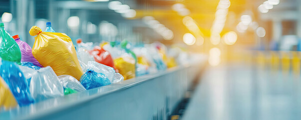 Obraz premium Colorful plastic waste bags on a conveyor belt in a recycling facility.