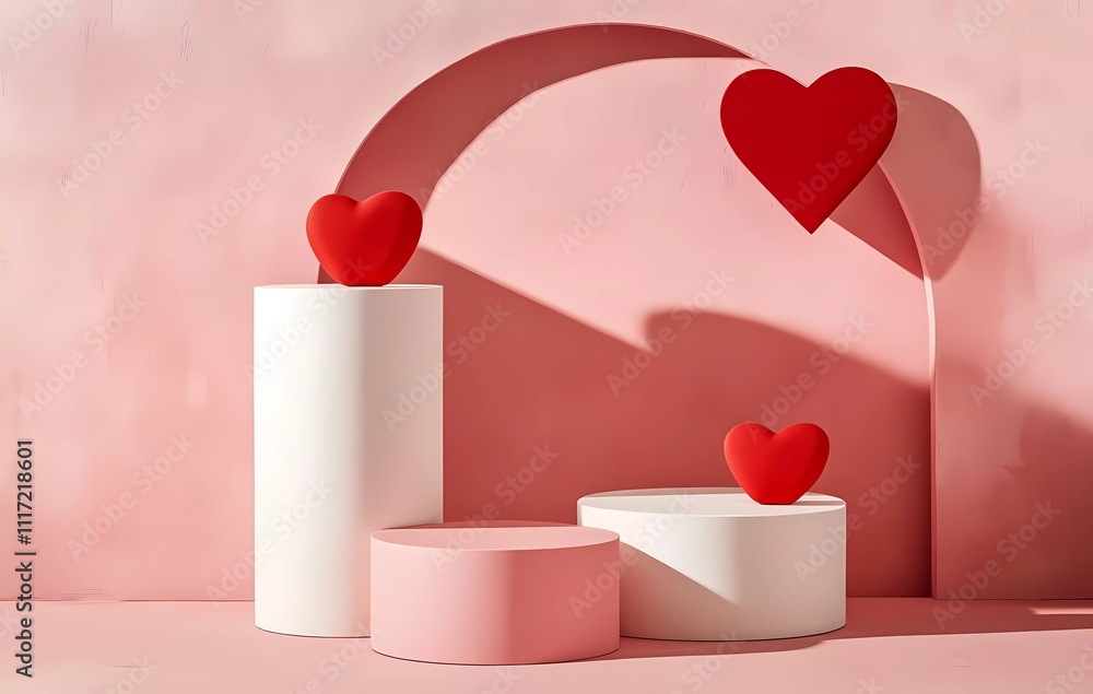 Poster abstract background for product presentation with different red hearts and three white cylindrical p
