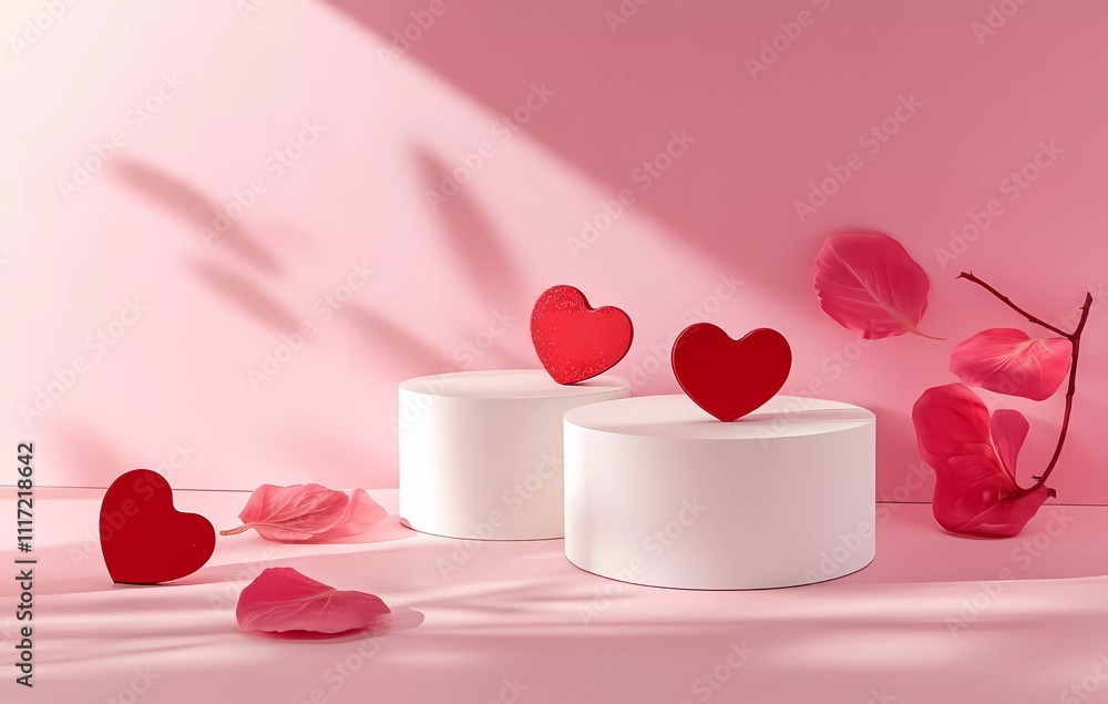 Poster abstract background for product presentation with different red hearts and three white cylindrical p