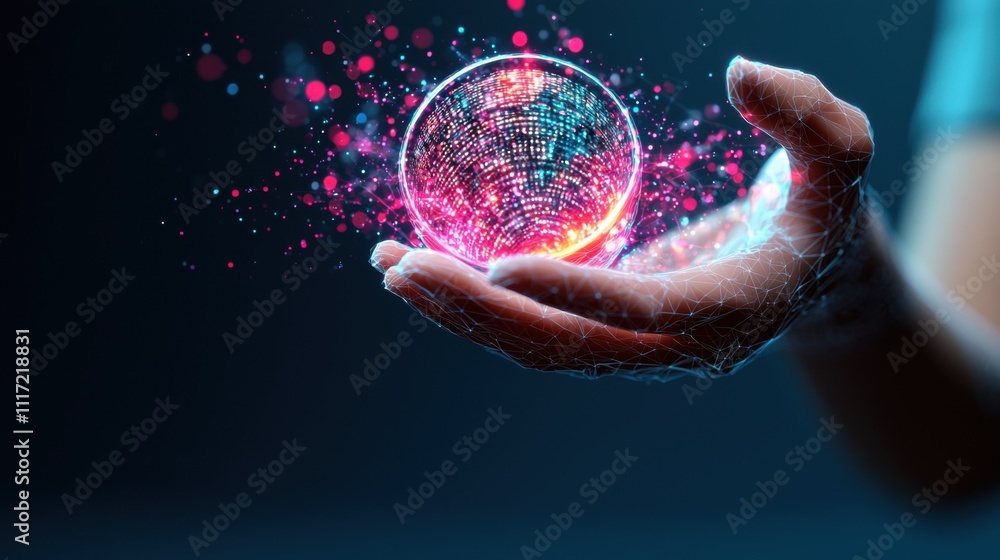 Poster digital innovation showcase hand holding interactive globe studio setting graphic design futuristic 