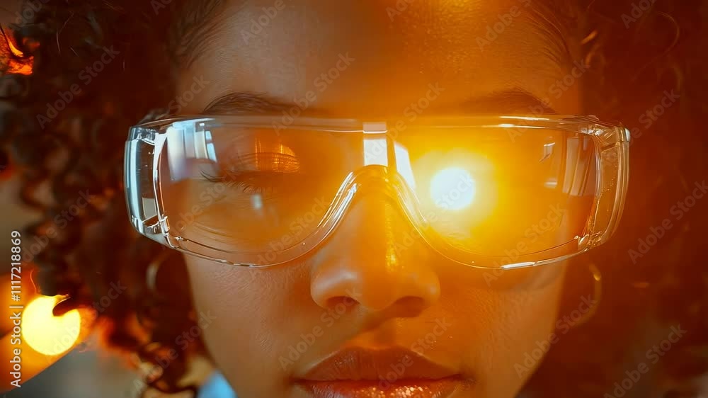 Poster focused scientist with goggles in a laboratory setting