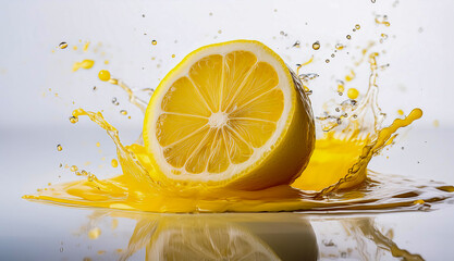A lemon is sliced in half and is sitting in a splash of water. The water is yellow and the lemon is yellow