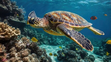 A close-up photo of a sea turtle, showcasing its gentle eyes and powerful flippers. The colorful coral reef provides a stunning backdrop for this beautiful creature.