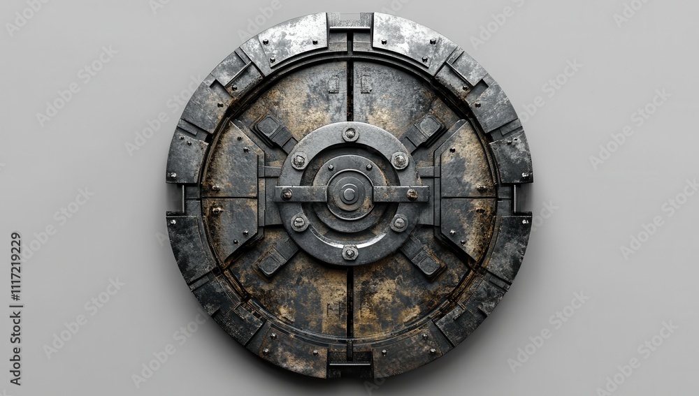 Poster detailed close-up of a round metallic shield with rusty areas and complex circular mechanisms, ideal