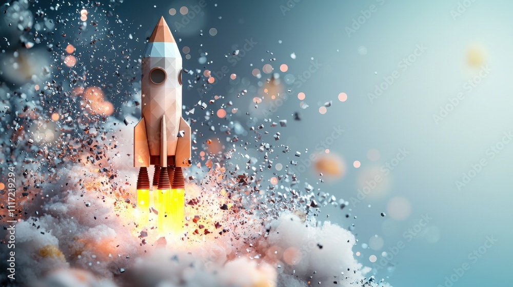Poster rocket launching into space futuristic scene digital art dynamic environment close-up view innovatio