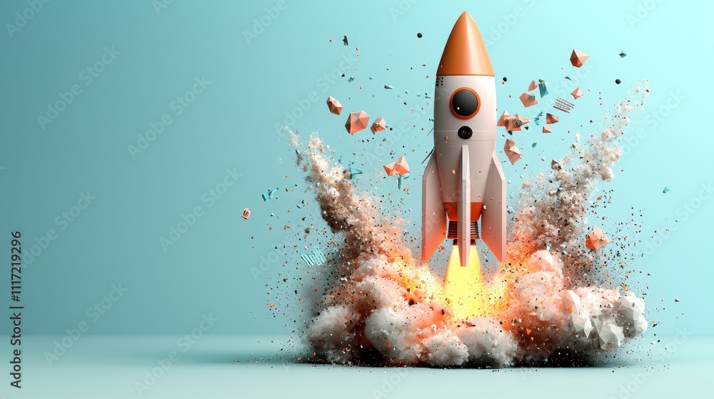 Poster rocket launching with explosive energy outer space digital art dynamic environment creative concept 