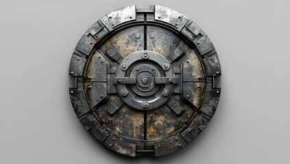 Obraz premium Detailed Close-Up of a Round Metallic Shield with Rusty Areas and Complex Circular Mechanisms, Ideal for Illustrating Strength and Protection Themes in Visual Media