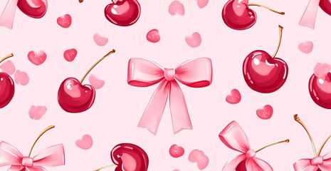 Cherry pattern with bows and ribbons, pink background, seamless design, vector illustration, professional graphic design, digital art style