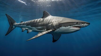 Fototapeta premium A close-up photo of a whale's head and flippers as it breaks the surface of the water. The whale's intricate markings and powerful physique are on full display.