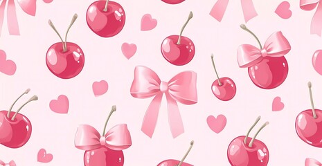 Cherry pattern with bows and ribbons, pink background, seamless design, vector illustration, professional graphic design, digital art style