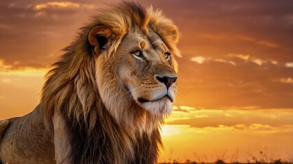 A close-up photo of a lion's face, highlighting its powerful features and intelligent eyes. The warm sunset light creates a dramatic and captivating scene.