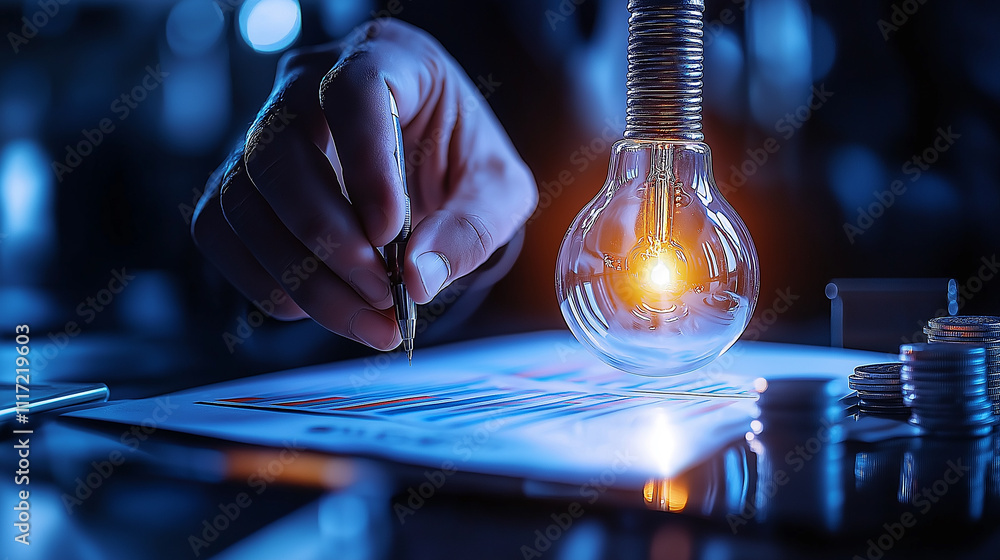 Poster financial expert analyzing data with light bulb illuminating chart, symbolizing innovative ideas and