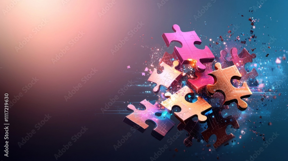 Poster dynamic puzzle pieces in motion creative studio digital art abstract background colorful design conc