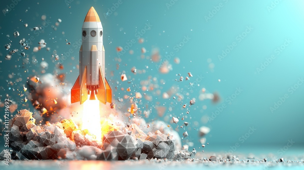 Poster rocket launching into space outer space digital art sci-fi environment dynamic perspective innovatio
